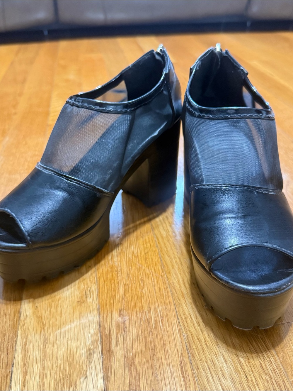Black platform mesh heels wedges sandals
size 6 or 37
